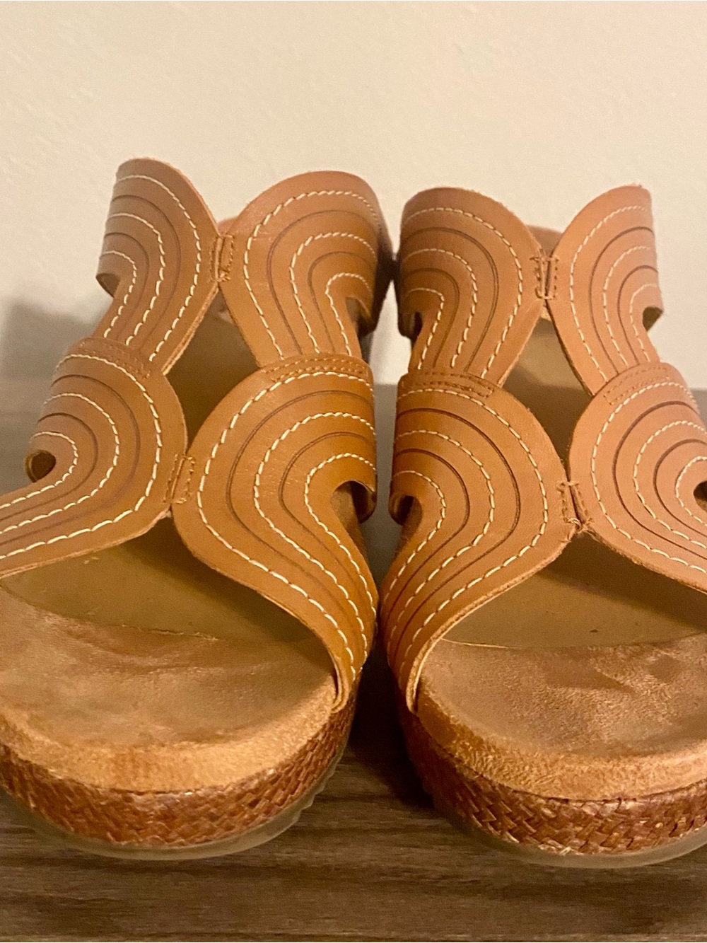 Vionic Tan Espadrille Slide Sandals with Decorative Stitching